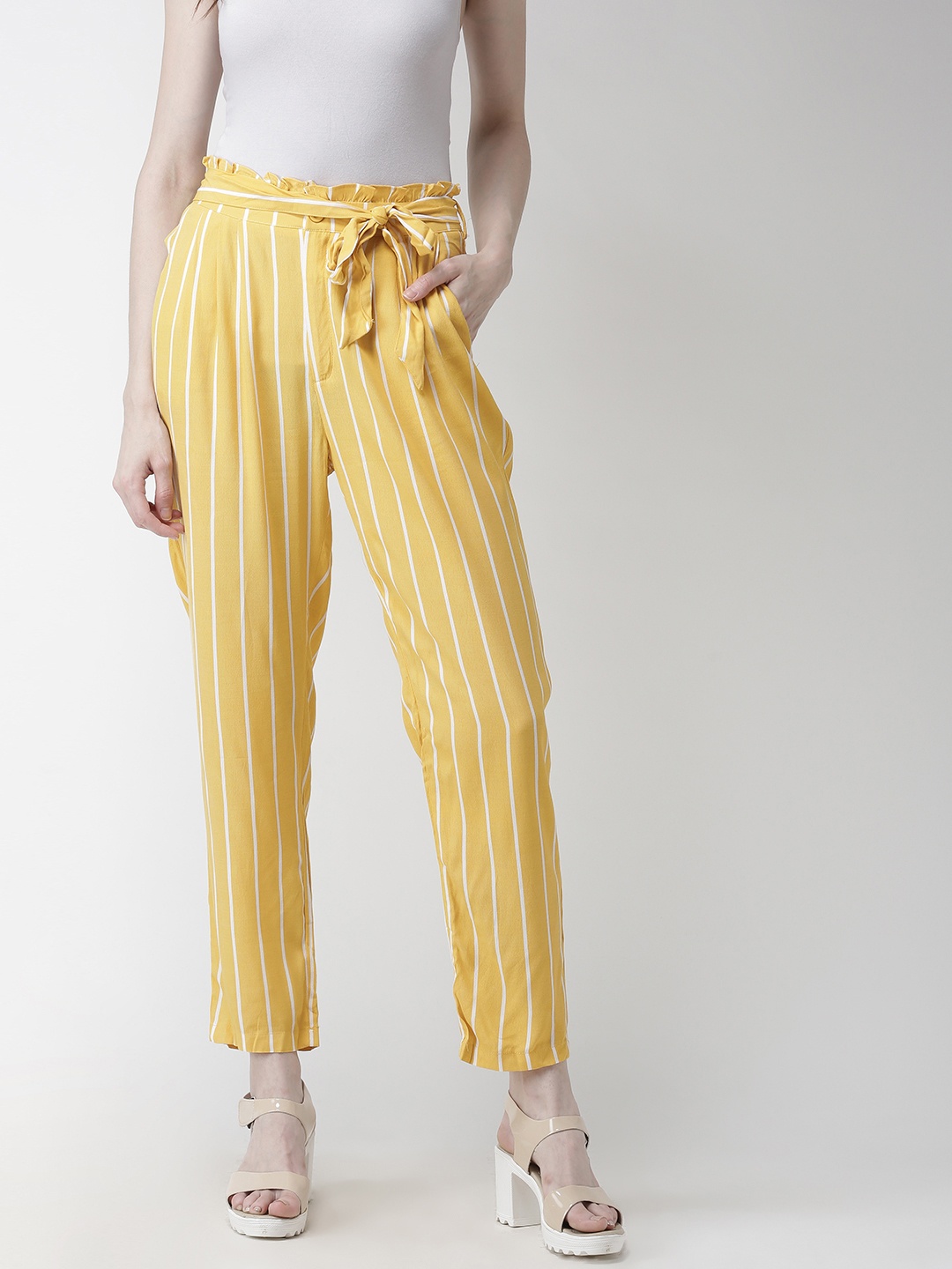 

FOREVER 21 Women Yellow & White Regular Fit Striped Peg Trousers