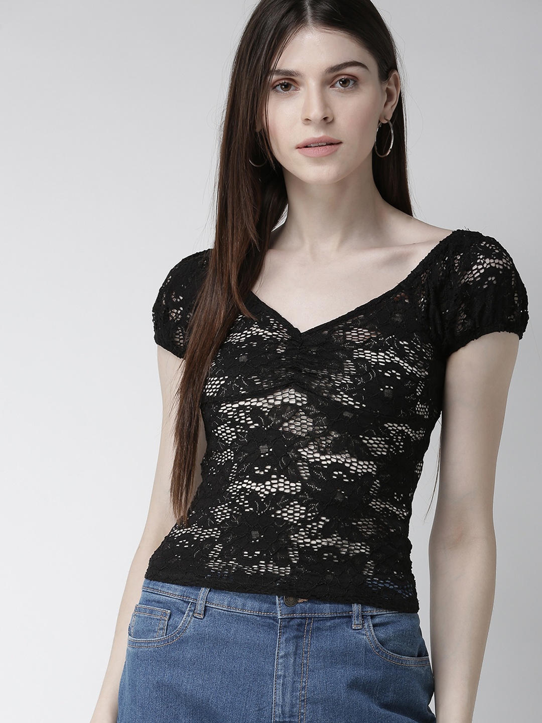 

FOREVER 21 Women Black Solid Lace Semi-Sheer Top