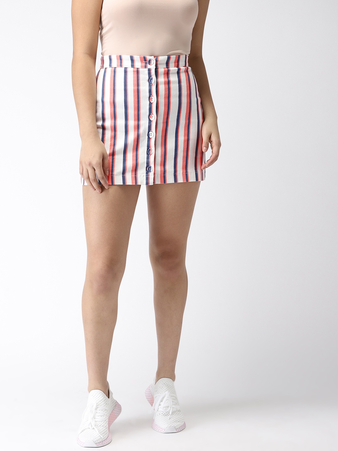 

FOREVER 21 Women White & Coral Striped Pencil Skirt, Multi