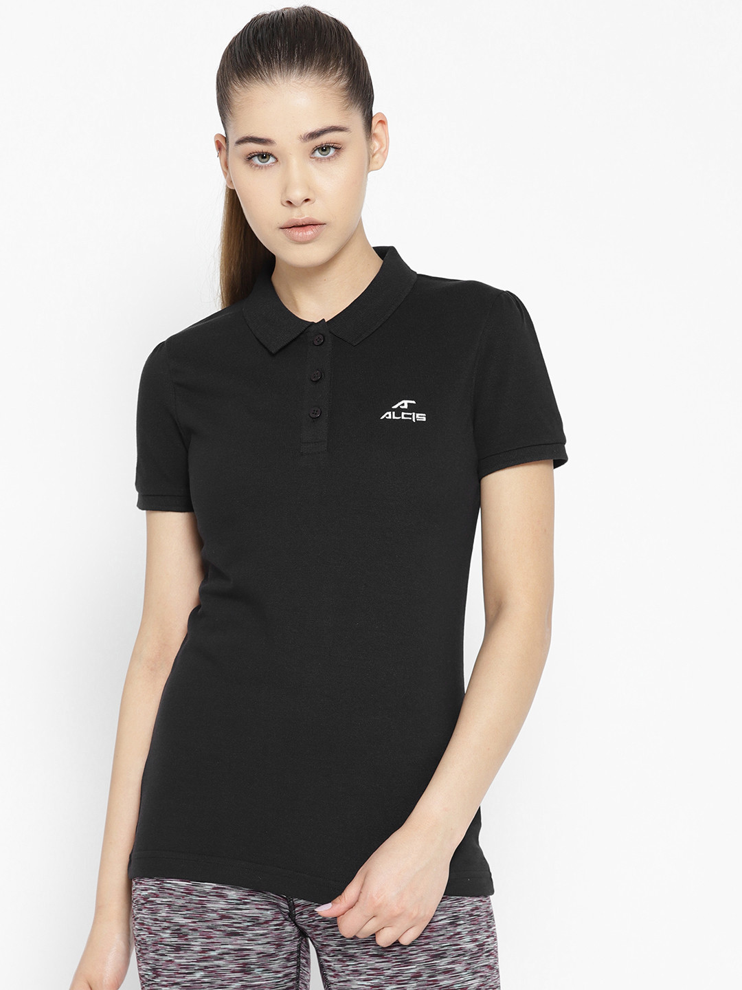 

Alcis Women Black Solid Polo Collar T-shirt