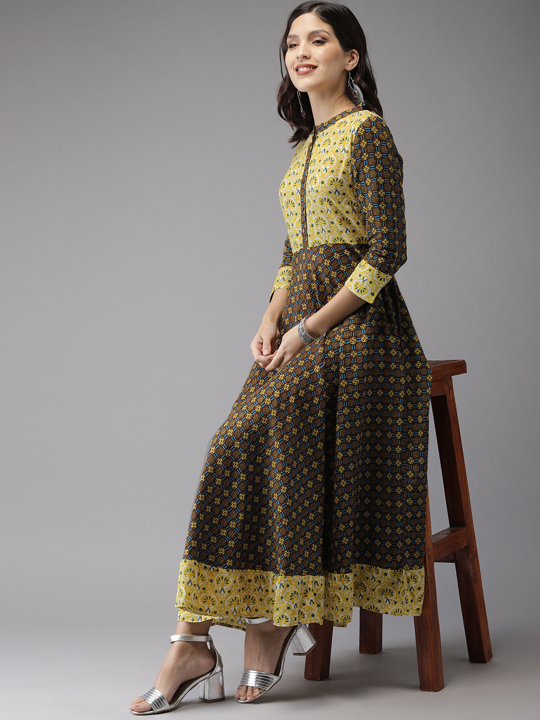 

Anouk Women Brown & Lime Green Printed A-Line Kurta