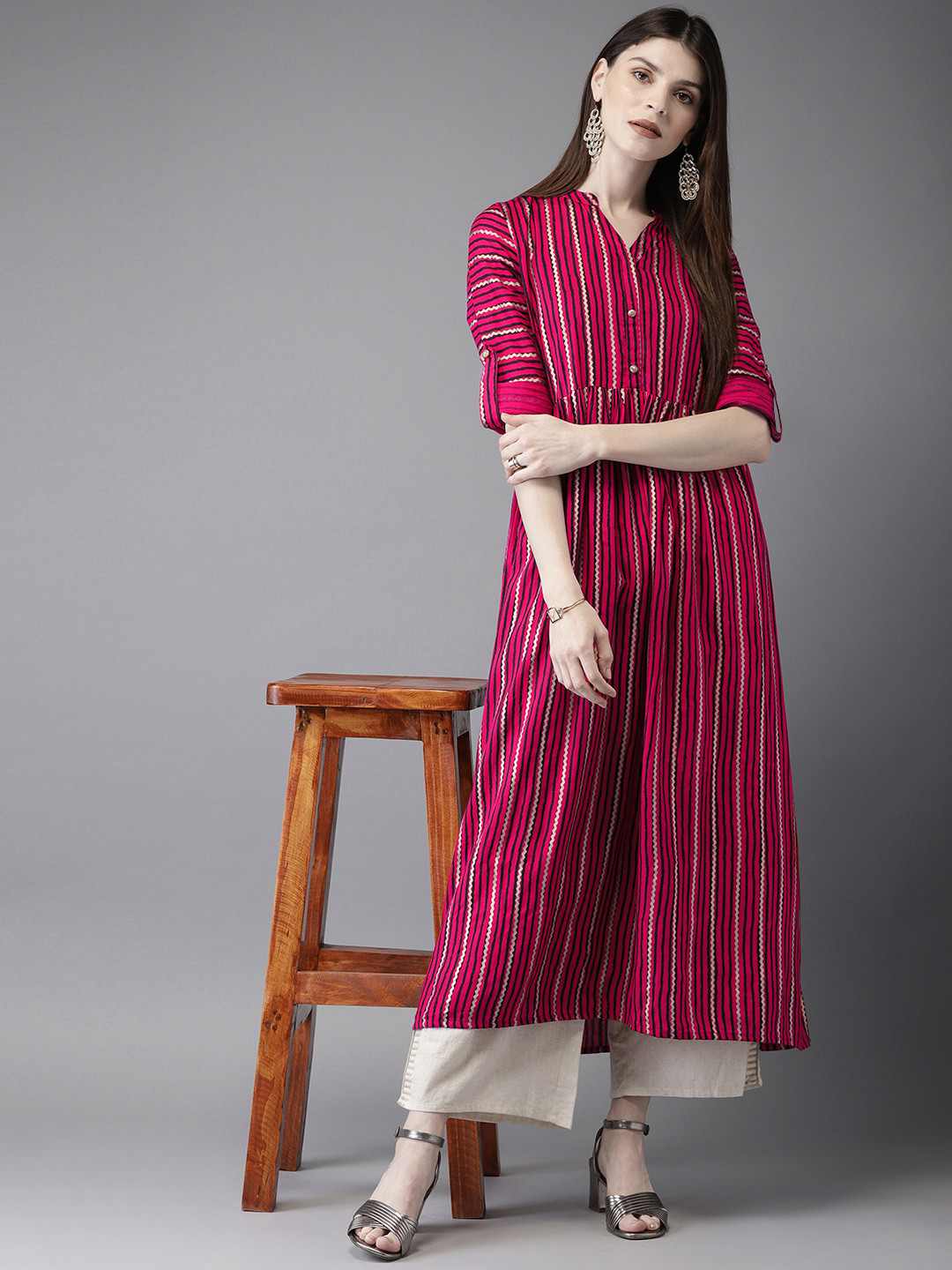 

Anouk Women Fuchsia Pink & Black Striped A-Line Kurta