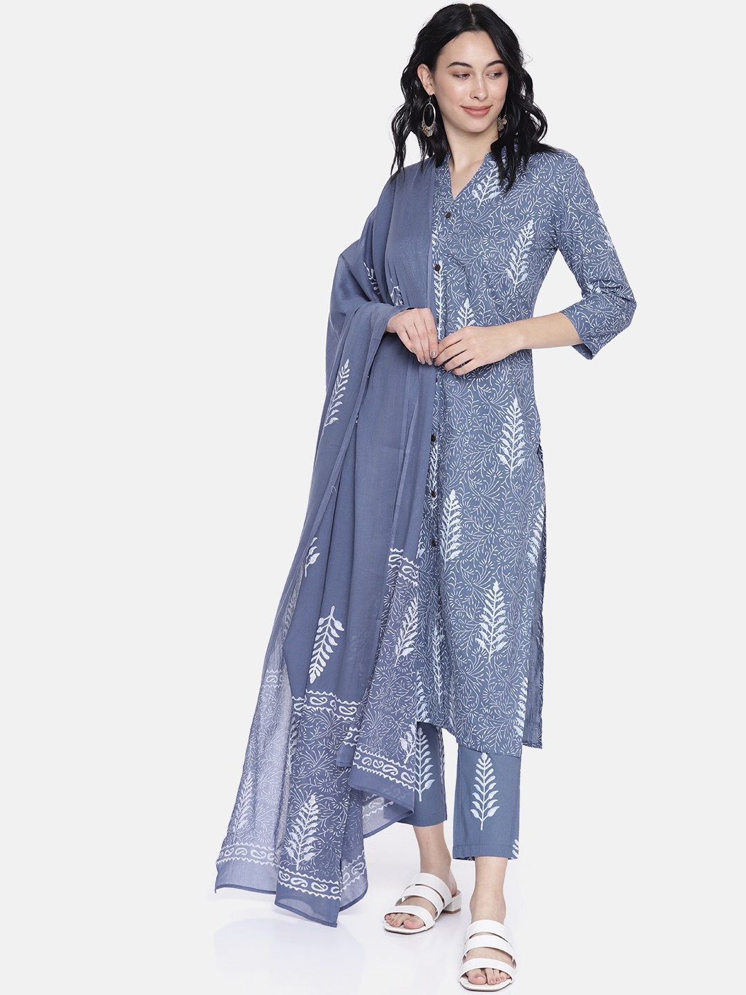 

Anouk Women Blue & Grey Printed Kurta with Trousers & Dupatta