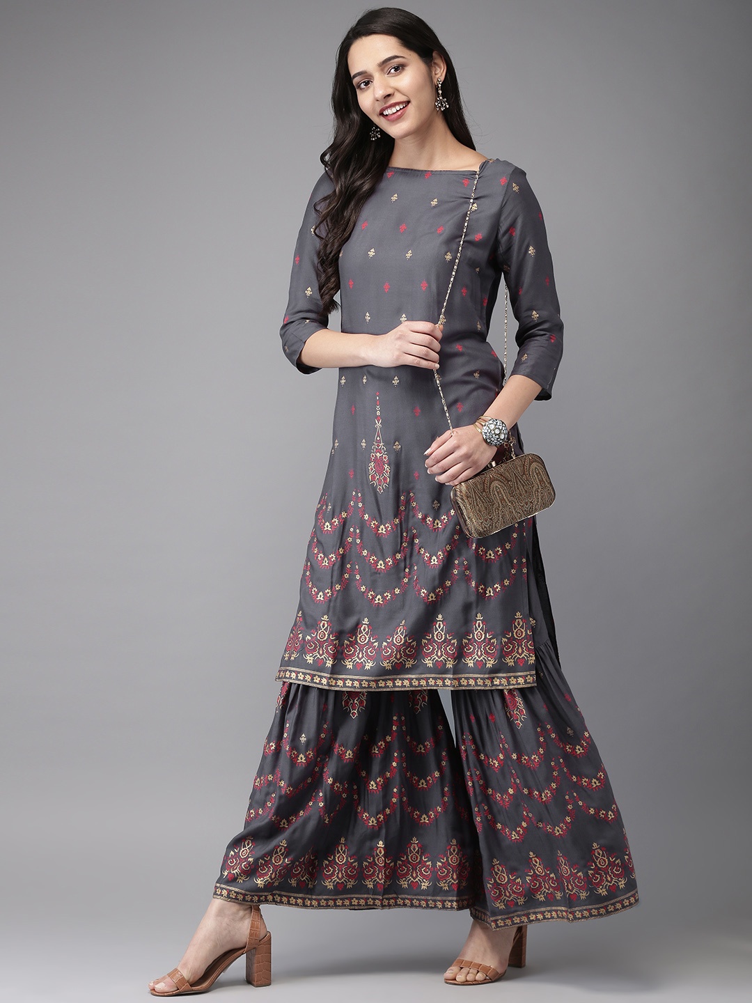 

Anouk Women Grey Printed Kurta with Sharara