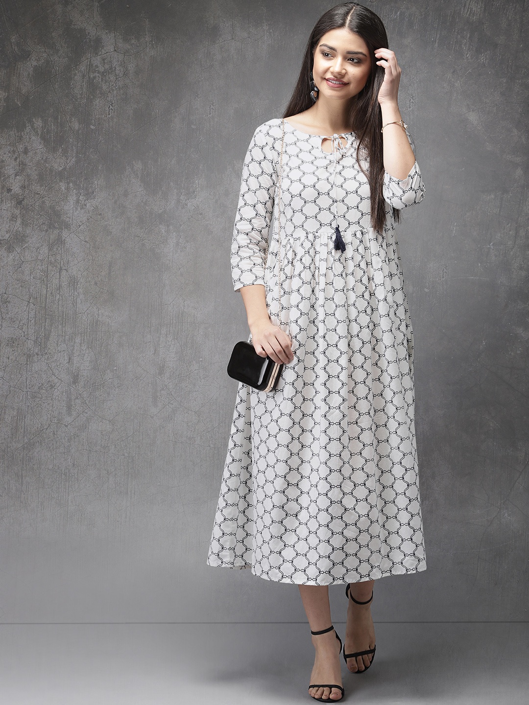 

Anouk Women White & Navy Blue Printed Pleated A-Line Kurta