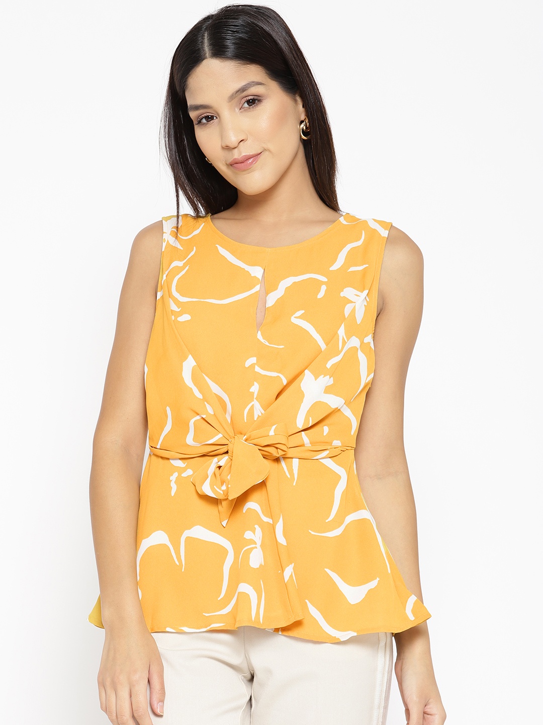 

Vero Moda Women Mustard Yellow & White Printed Cinched Waist Top