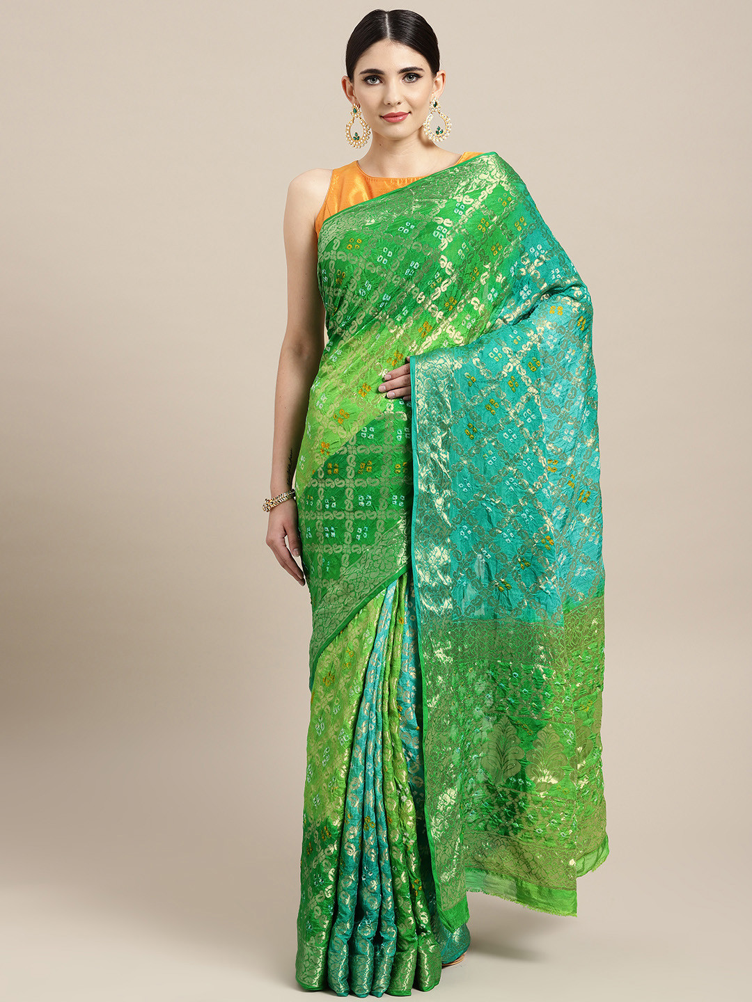 

Geroo Jaipur Hand Dyed Shaded Green Bandhani Silk Sustainable Saree
