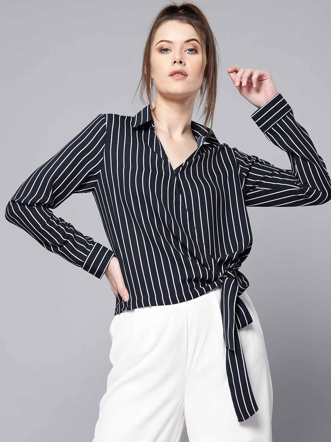 

Besiva Women Navy Blue & White Striped Wrap Top