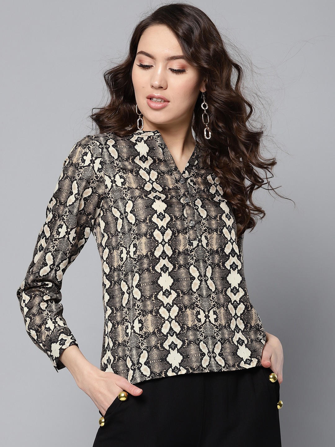 

Besiva Women Black & Beige Printed Shirt Style Top