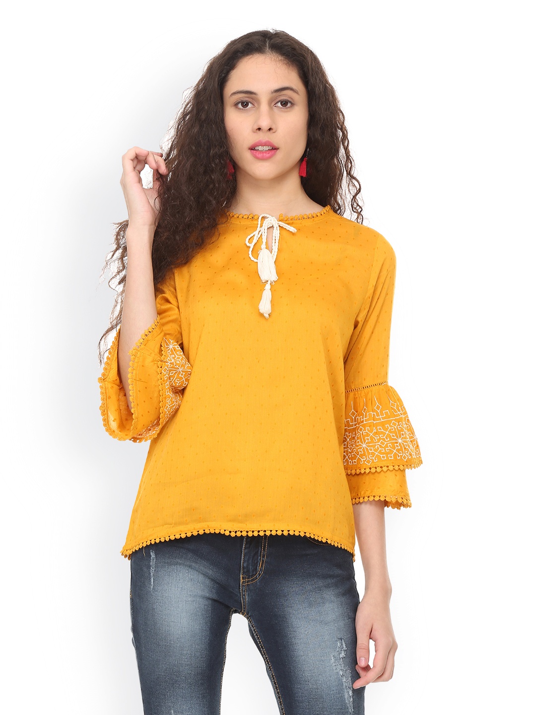 

People Women Yellow Self Design A-Line Top