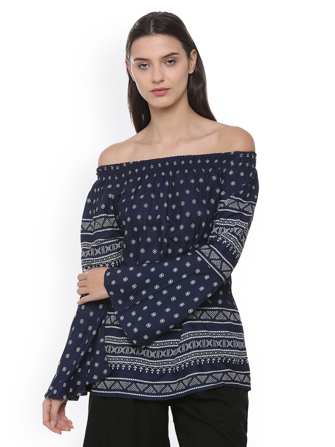 

People Women Navy Blue Printed Bardot Top