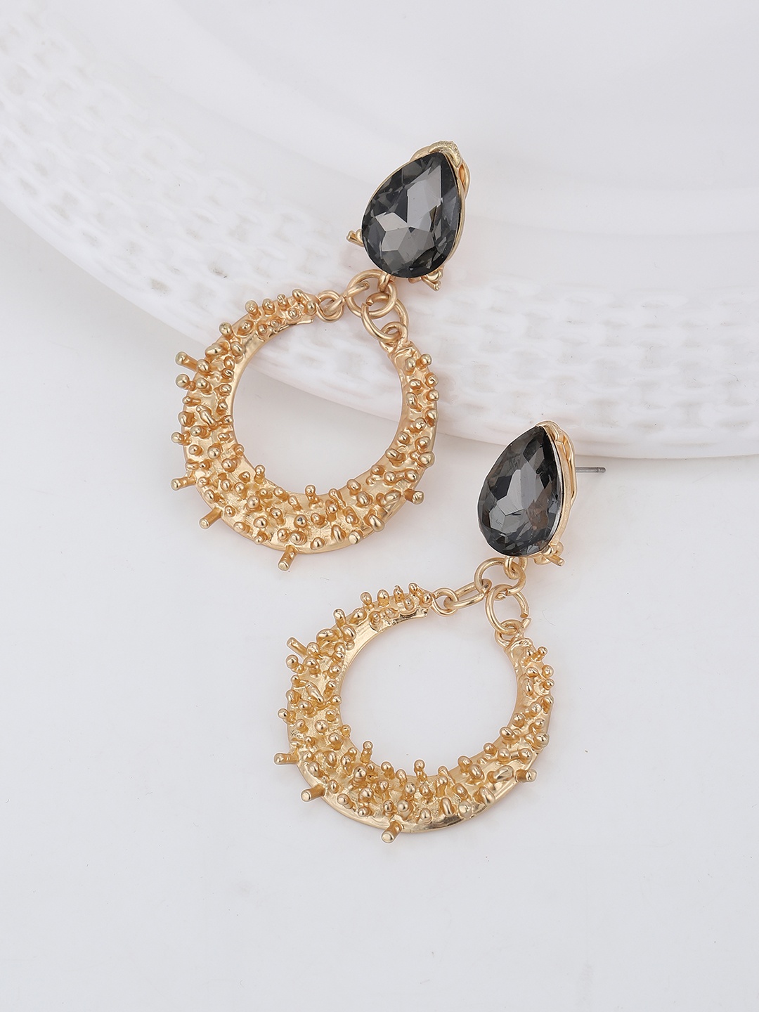 

Carlton London Black Gold-Plated Stone-Studded Handcrafted Circular Drop Earrings