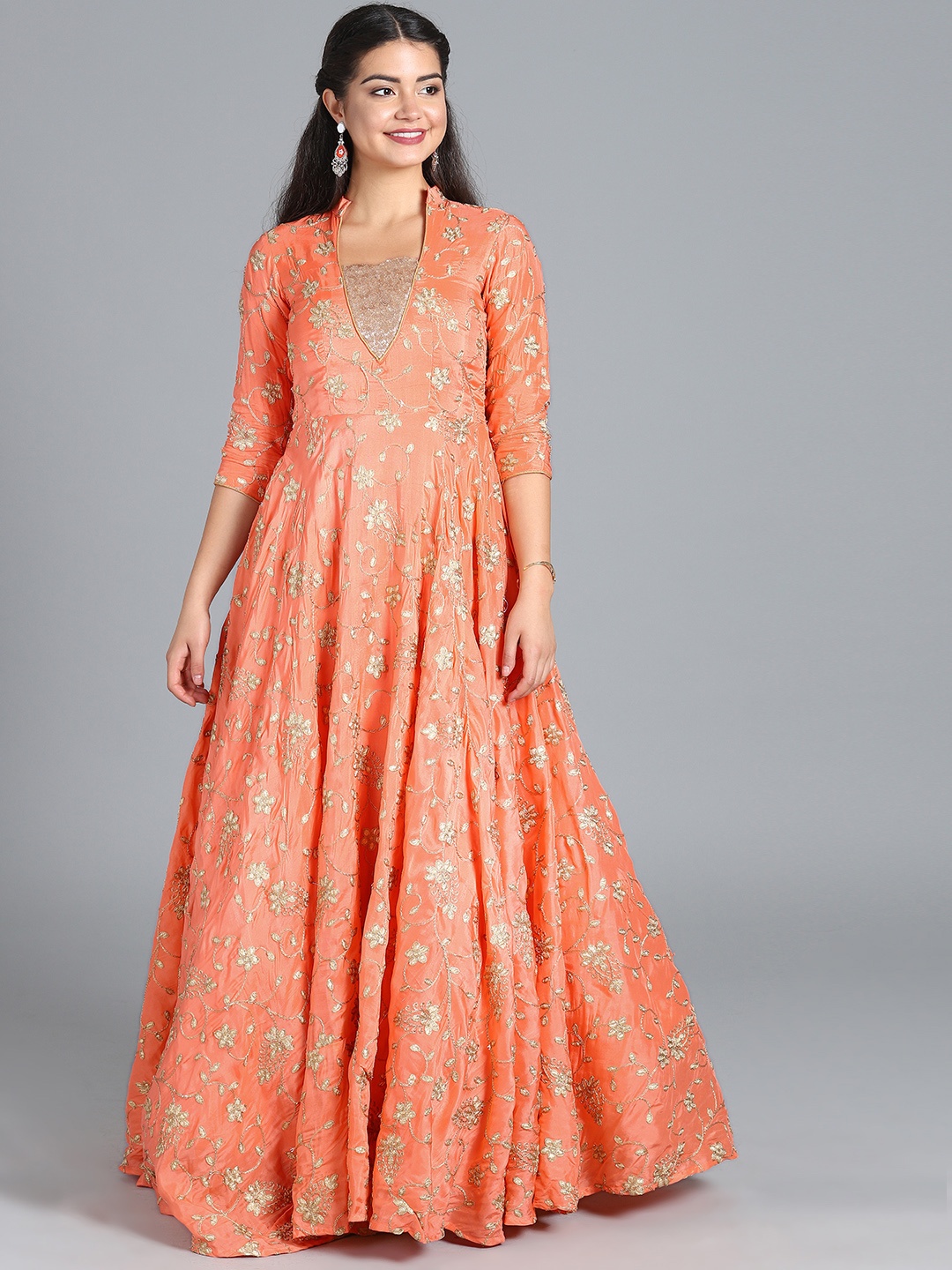 

Ethnovog Women Peach-Coloured Embellished Maxi Dress