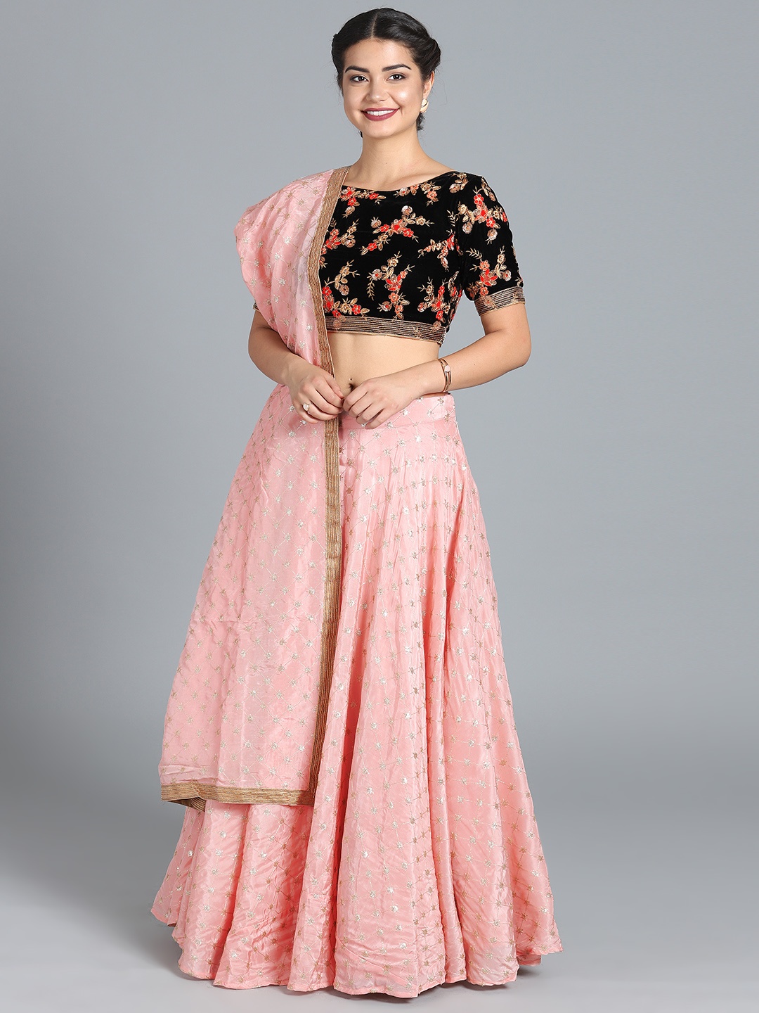 

Ethnovog Pink Black Embroidered Made to Measure Lehenga Blouse with Dupatta