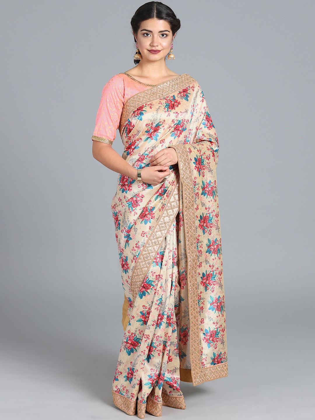 

Ethnovog Pink Beige Silk Cotton Printed Saree