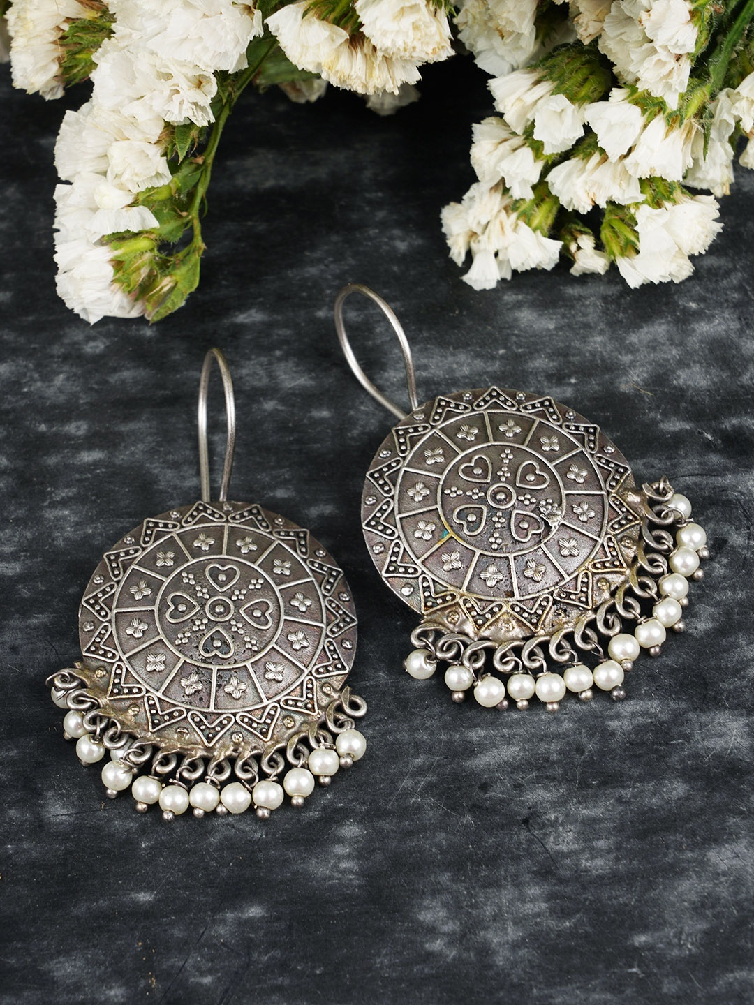 

FIROZA Oxidised Silver-Toned & White Circular Drop Earrings
