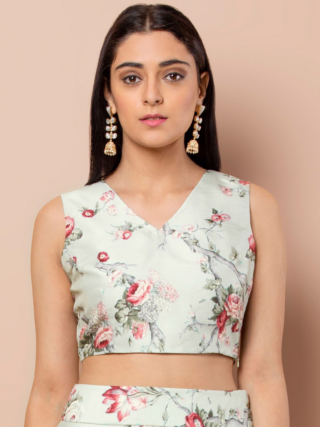 

INDYA Women Sea Green Foral Printed Fitted Top