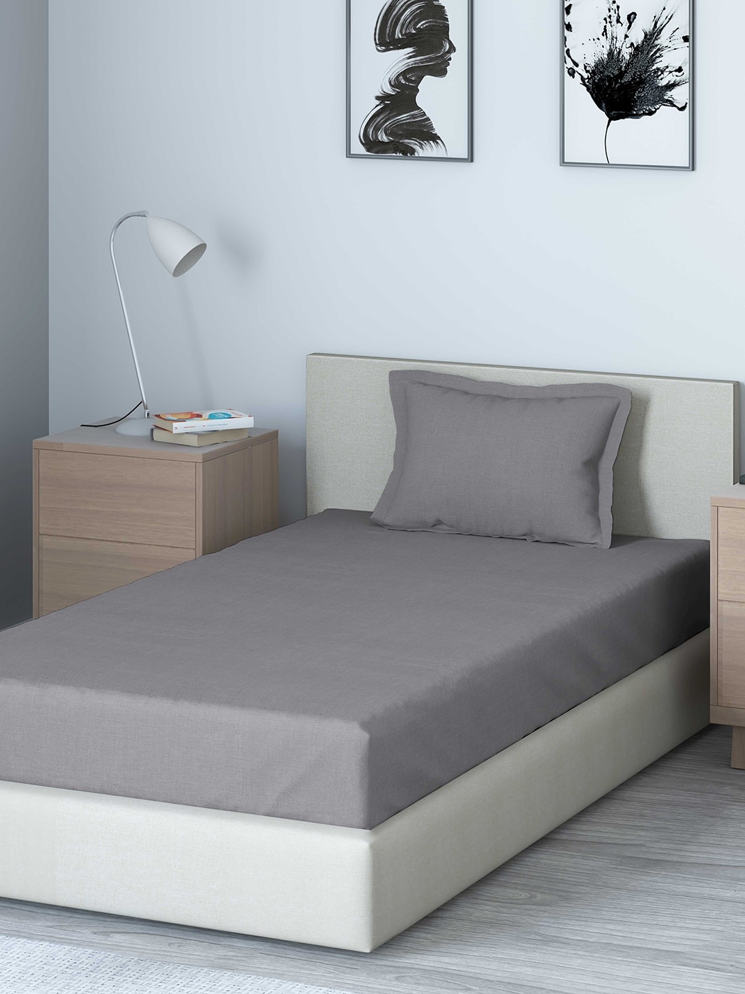 DDecor Grey Solid 150 TC Cotton 1 Single Bedsheet with 1 Pillow Covers
