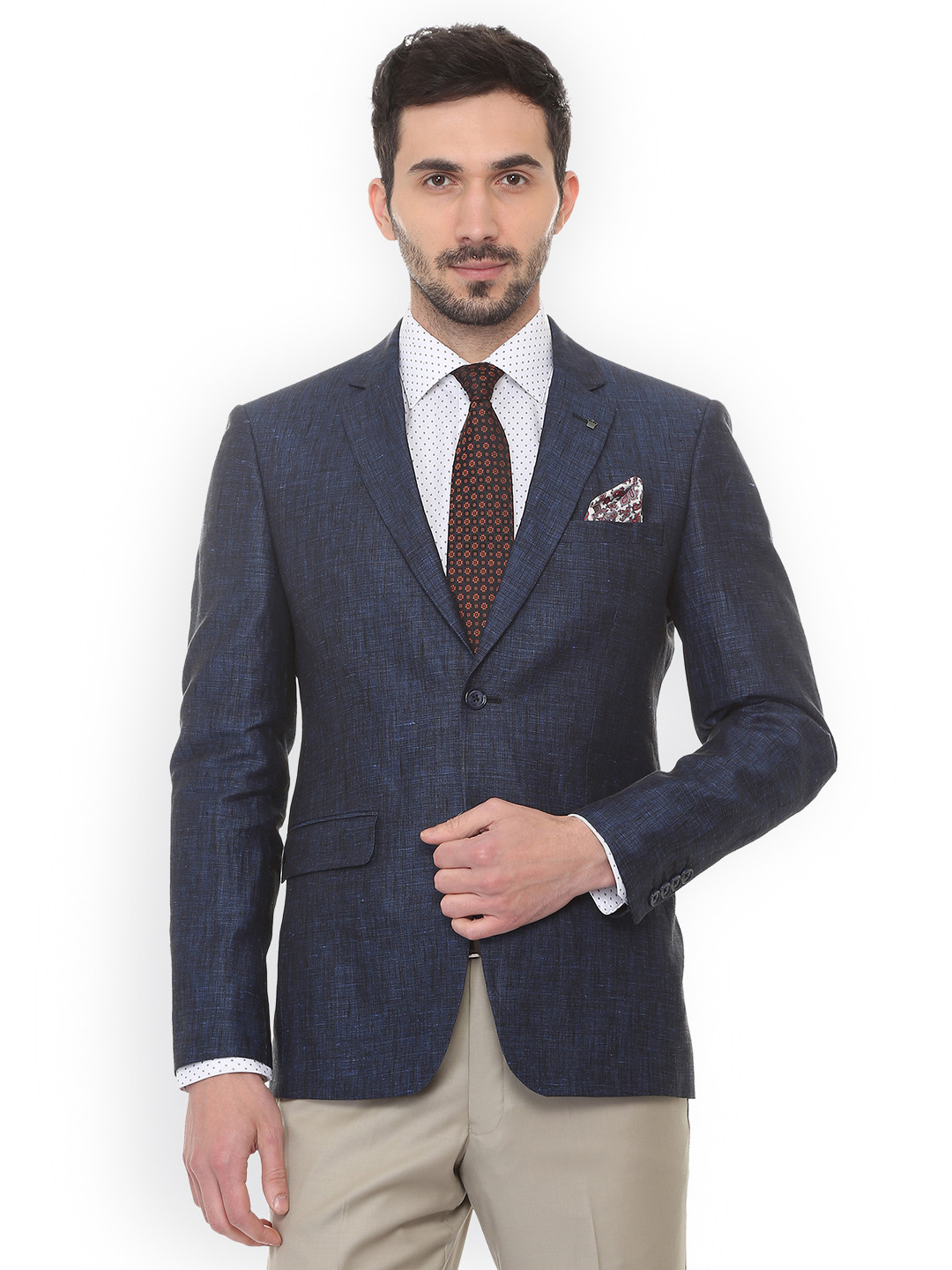 

Louis Philippe Men Blue Self-Design Slim-Fit Single-Breasted Blazer