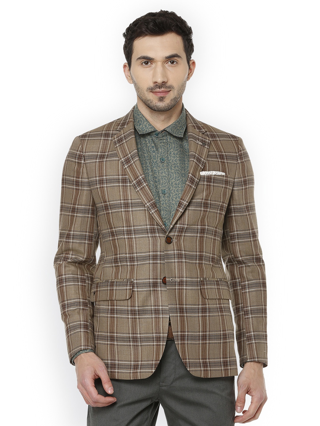 

Louis Philippe Men Brown Checked Slim-Fit Single-Breasted Blazer