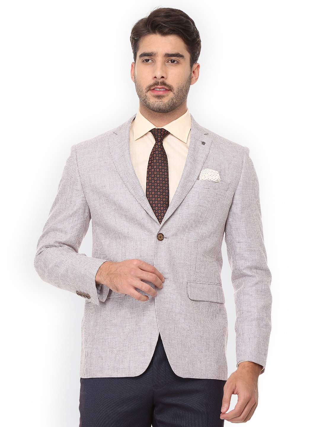 Louis Philippe Men Off White Self-Design Slim-Fit Single-Breasted Blazer