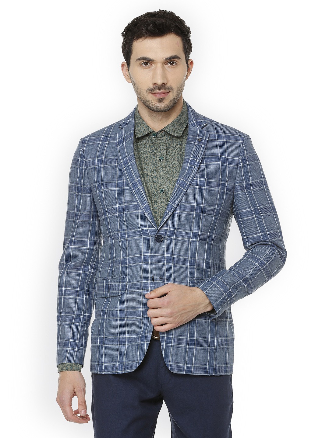 

Louis Philippe Men Blue Checked Slim-Fit Single-Breasted Blazer