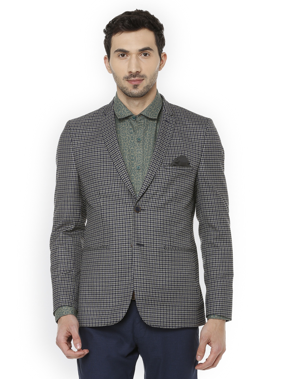 

Louis Philippe Men Blue Checked Super Slim-Fit Single-Breasted Blazer
