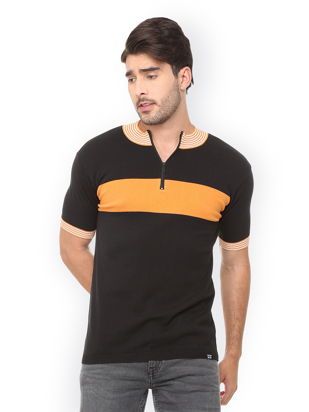 

People Men Black Colourblocked Henley Neck Pure Cotton T-shirt