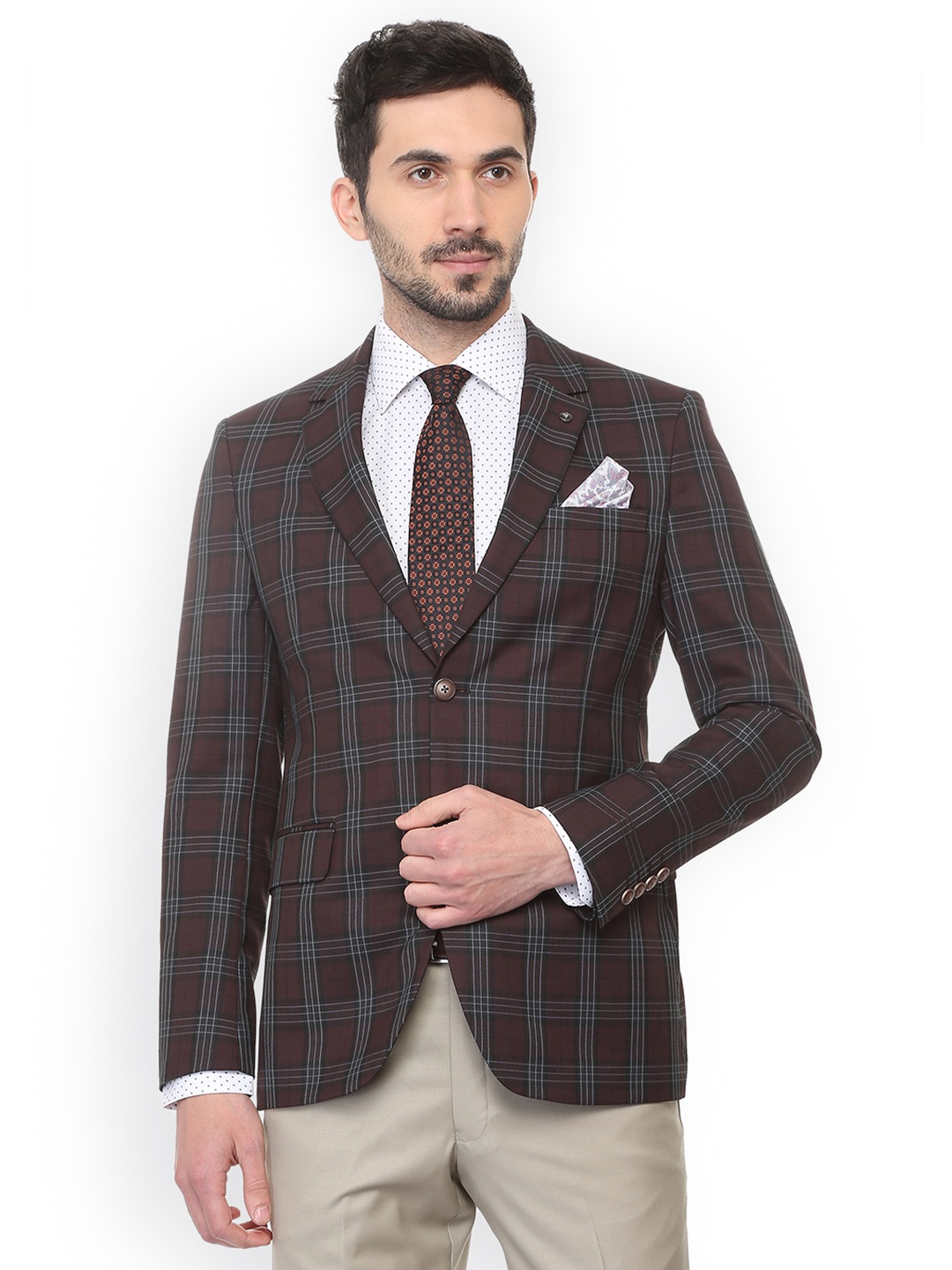 

Van Heusen Men Brown Checked Slim-Fit Single-Breasted Blazer