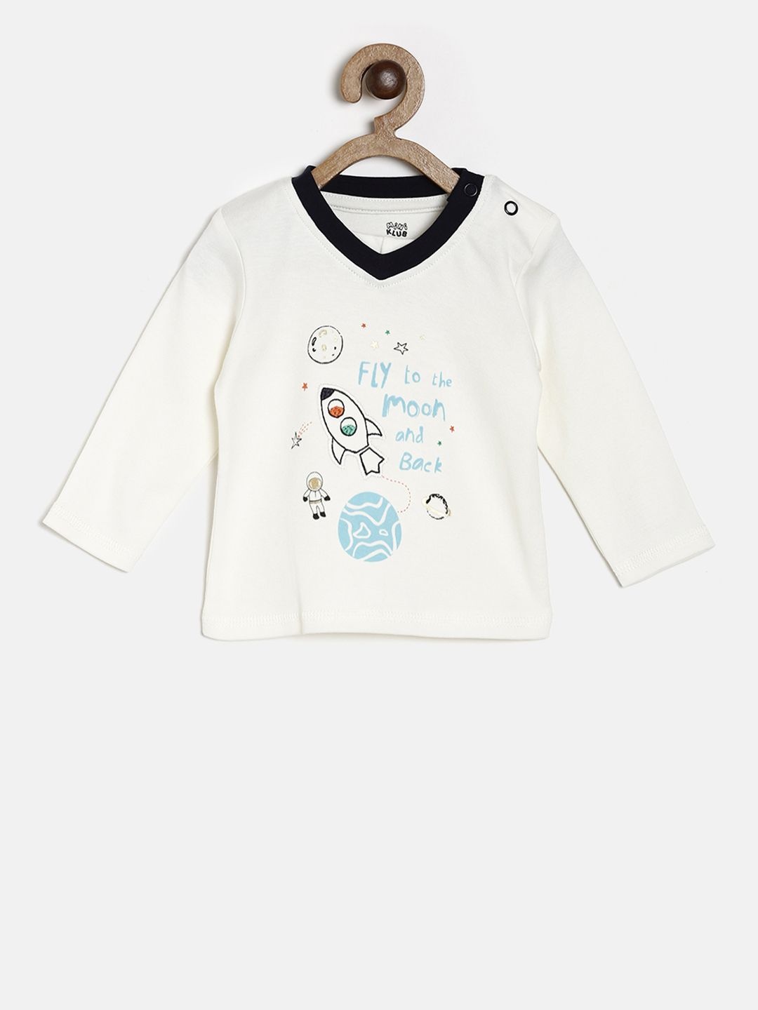 MINI KLUB Boys Off-White Printed V-Neck Pure Cotton T-shirt