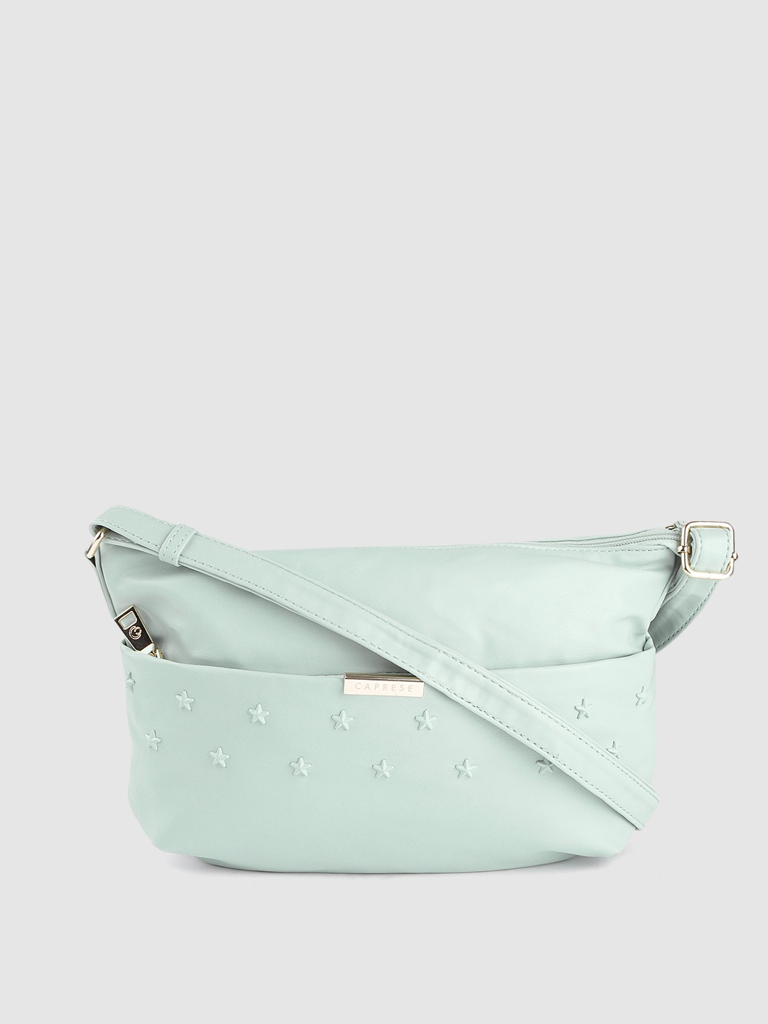 

Caprese Women Green Solid Structured Sling Bag with Embellished Detail