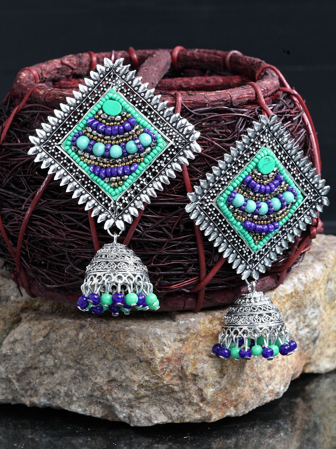 

Moedbuille Blue Silver-Plated Handcrafted Beaded Geometric Shaped Drop Earrings