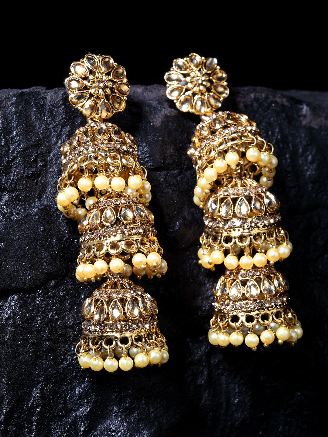 Moedbuille Gold-Plated Handcrafted Kundan Studded Dome Shaped Jhumkas