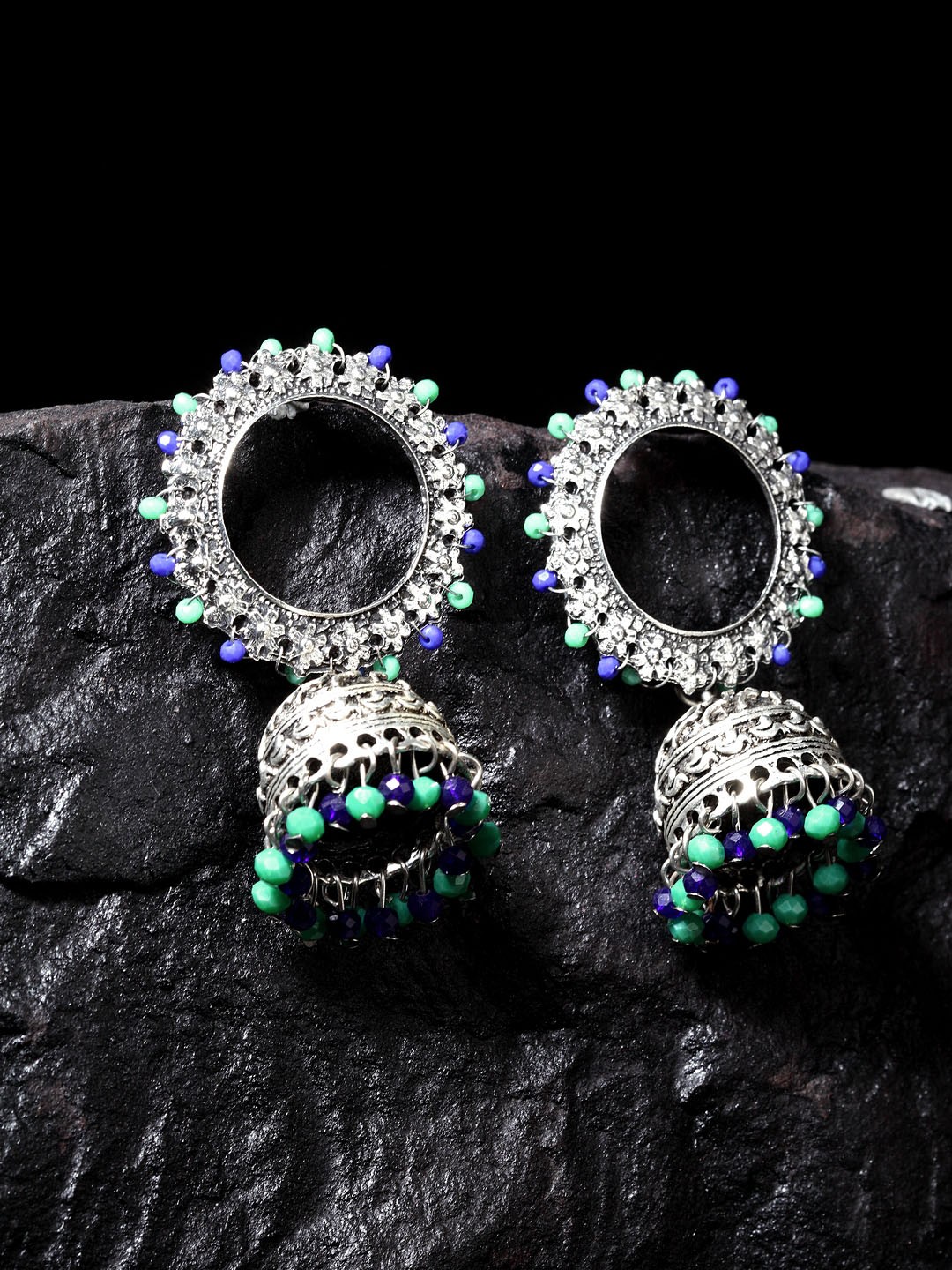 

Moedbuille Blue Silver-Plated Handcrafted Circular Jhumkas