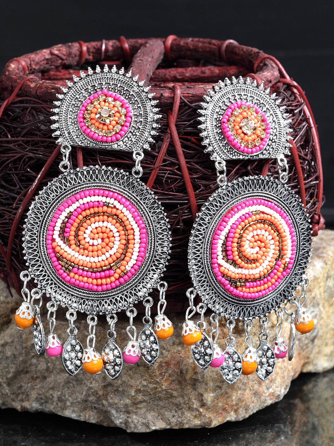 

Moedbuille Pink Silver-Plated Handcrafted Circular Shaped Drop Earrings
