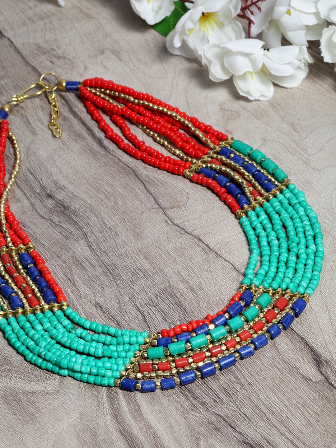 

Moedbuille Turquise Blue & Red Gold-Plated Beaded Handcrafted Layered Necklace, Turquoise blue