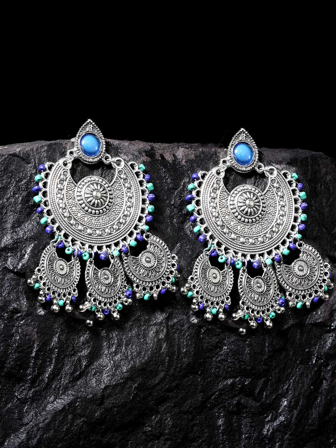 

Moedbuille Blue Silver-Plated Handcrafted Crescent Shaped Drop Earrings