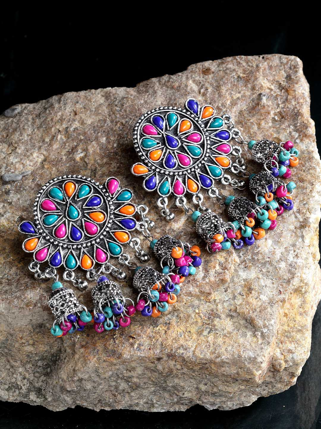 

Moedbuille Silver-Plated & Blue Handcrafted Dome Shaped Jhumkas