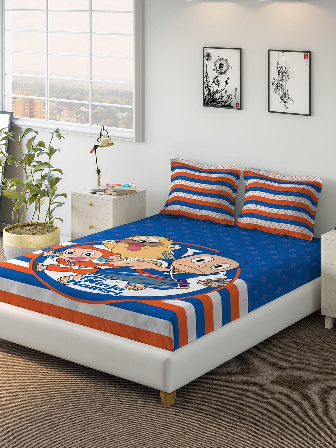 

DDecor Blue Graphic 180 TC Cotton 1 Queen Bedsheet with 2 Pillow Covers
