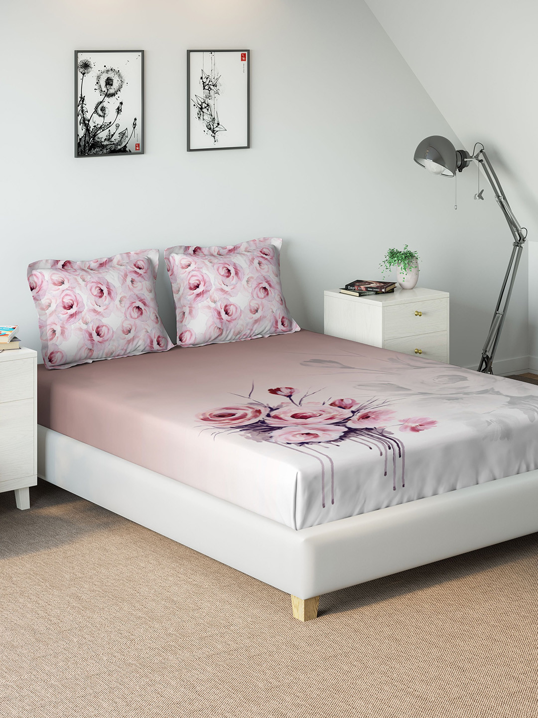 

DDecor Pink Floral 210 TC Cotton 1 King Bedsheet with 2 Pillow Covers
