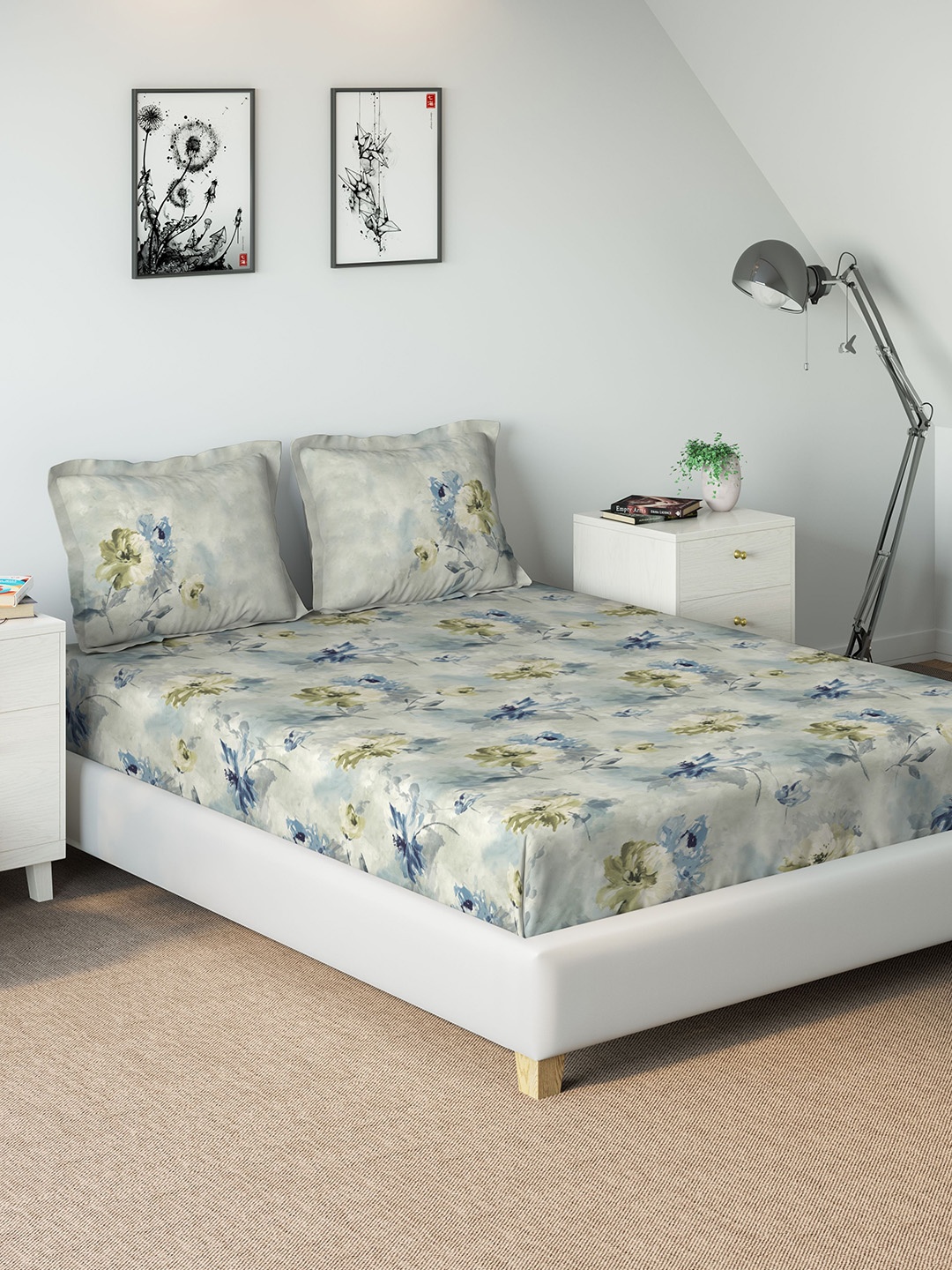 

DDecor Blue Floral 210 TC Cotton 1 King Bedsheet with 2 Pillow Covers