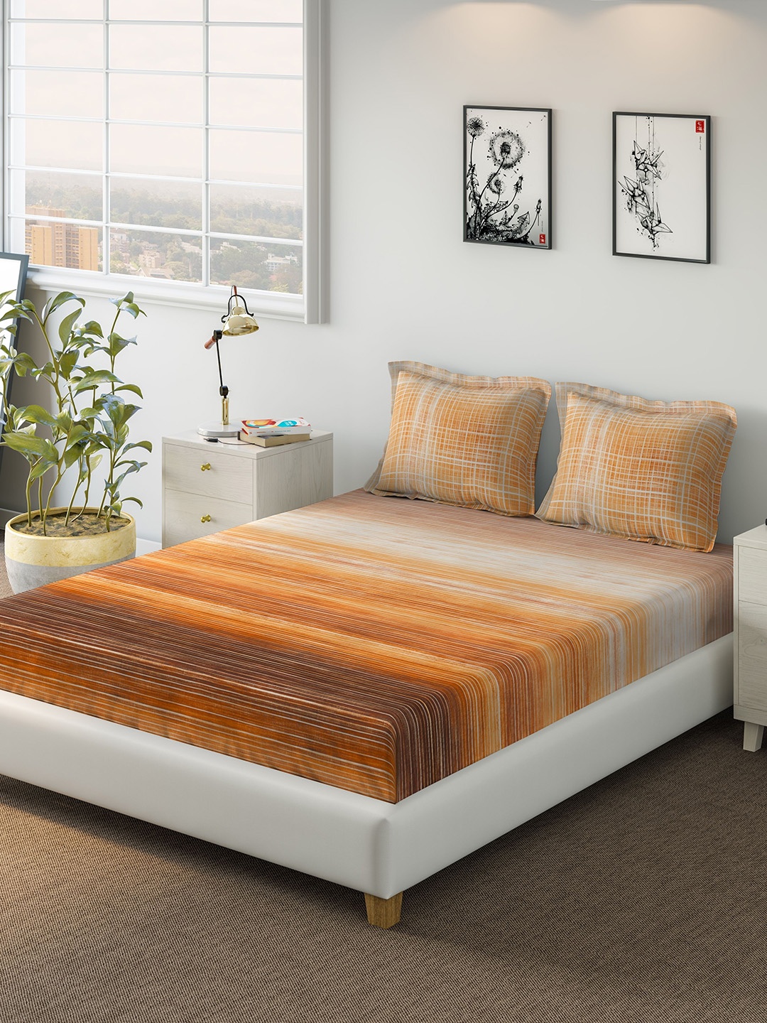 

DDecor Orange & Beige Striped 1000 TC Cotton 1 King Bedsheet with 2 Pillow Covers