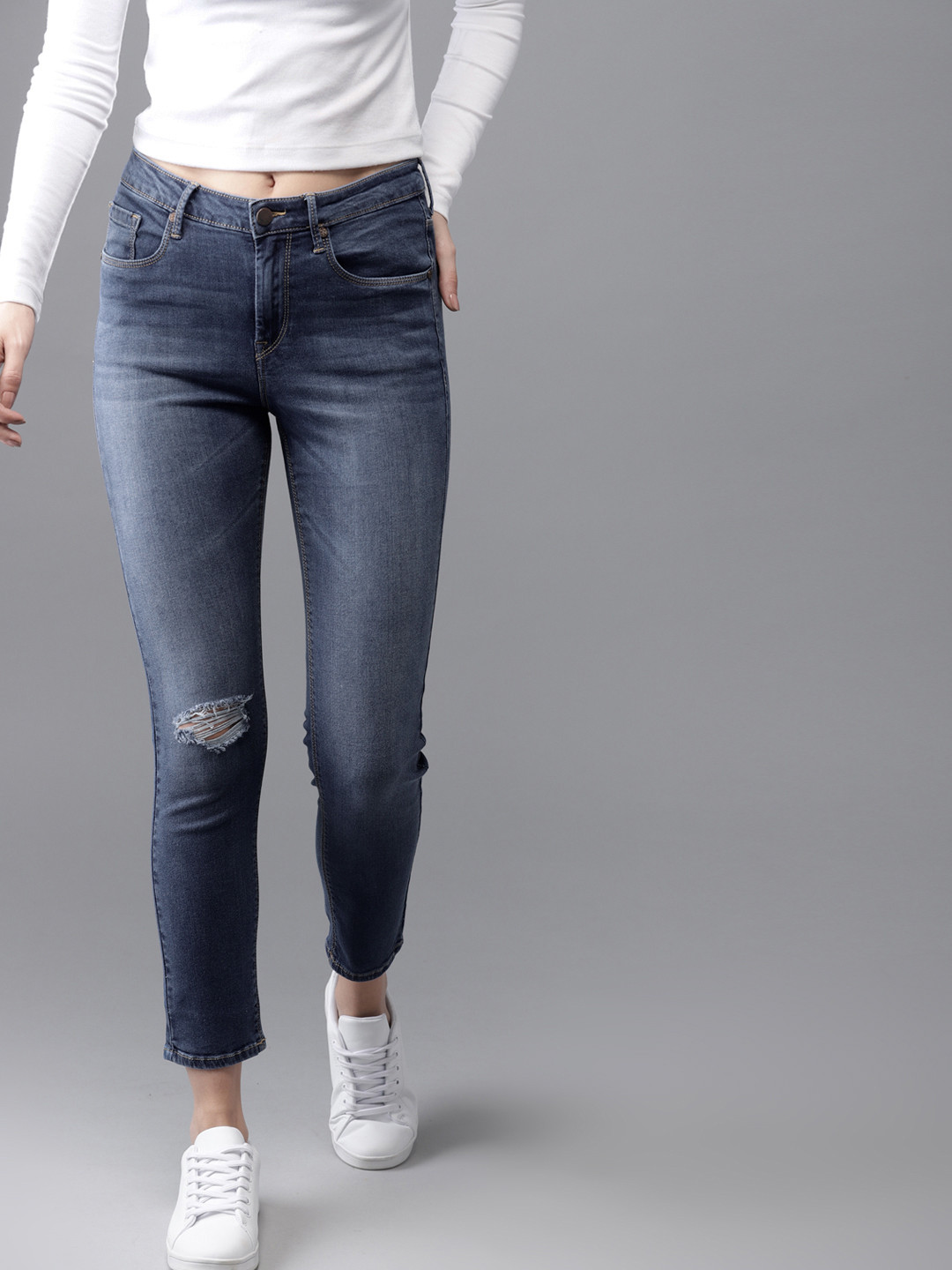 

HERE&NOW Women Blue Skinny Fit High-Rise Low Distress Stretchable Jeans