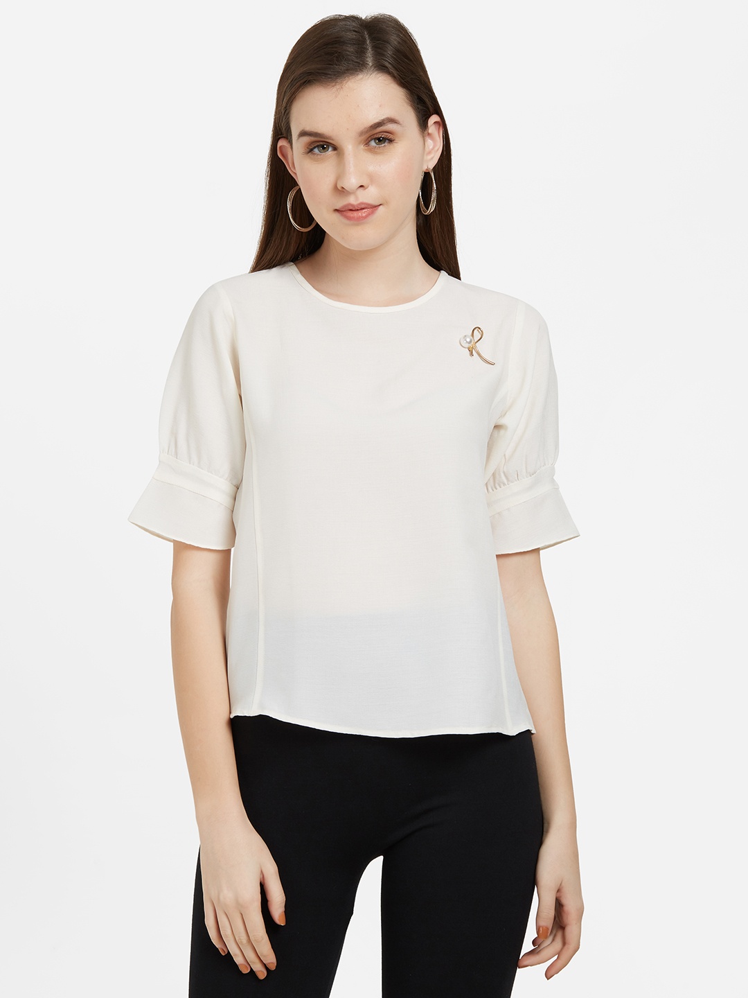 

Soie Women Off-White Solid Semi-Sheer Top