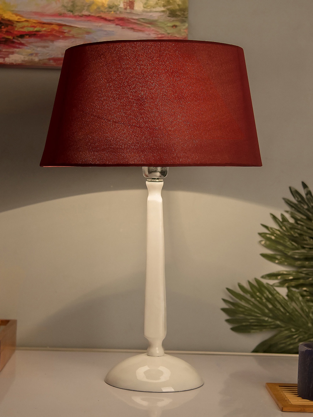 

Homesake White & Red Solid Cubist Handcrafted Table Lamp with Shade