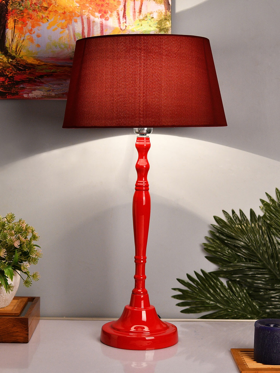 

Homesake Red & Red Solid Handcrafted Bedside Standard Table Lamp