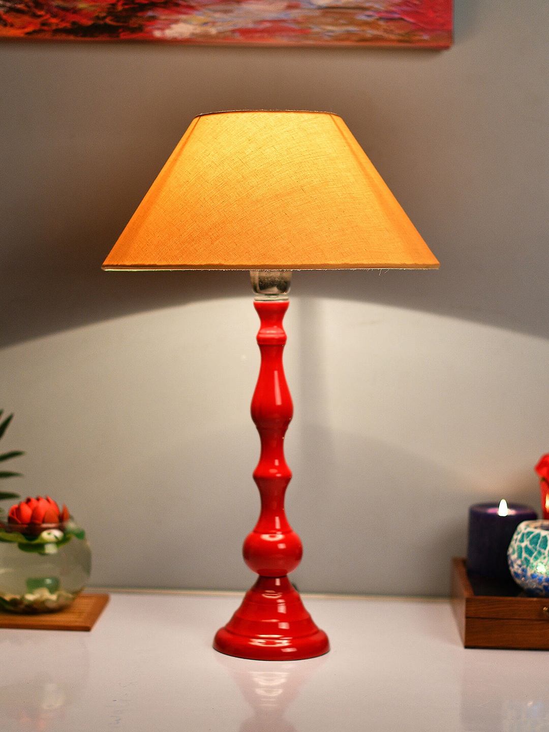 

Homesake Red & Off-White Solid Teardrop Handcrafted Table Lamp with Shade