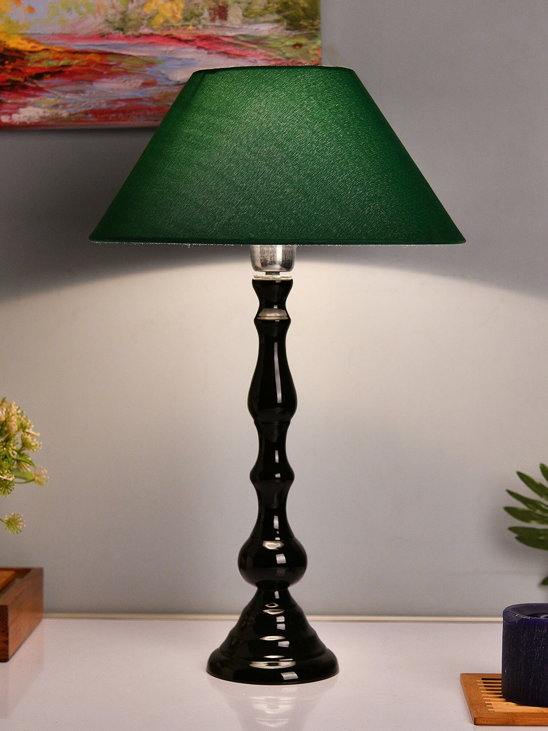 

Homesake Black & Green Solid Teardrop Handcrafted Table Lamp with Shade