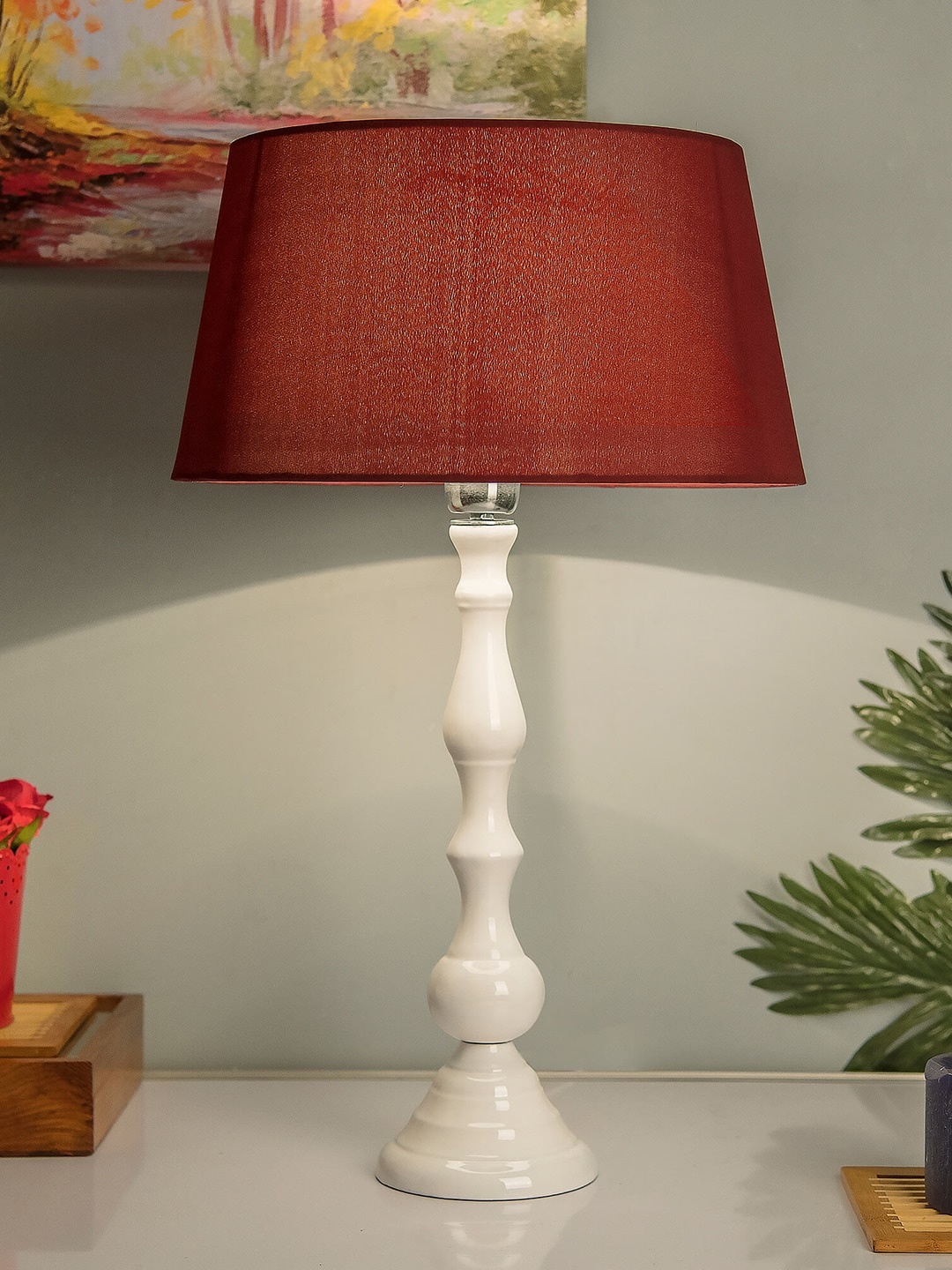 

Homesake White & Red Solid Teardrop Handcrafted Table Lamp with Shade