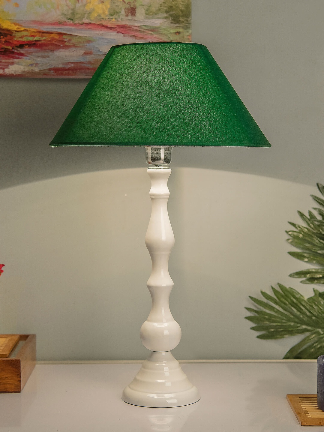 

Homesake White & Green Solid Teardrop Aluminium Handcrafted Table Lamp with Shade